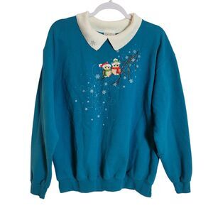 Top Stitch Collared Embroidered Owl Christmas Sweatshirt Womens 2XL Blue Holiday